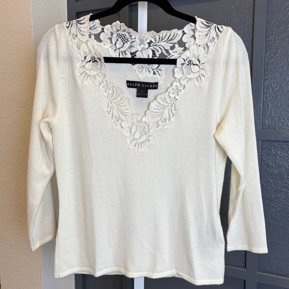 Ralph Lauren Womens Black Label Ivory Cashmere Lace 3/4 Sleeve Sweater NWT - Picture 1 of 6